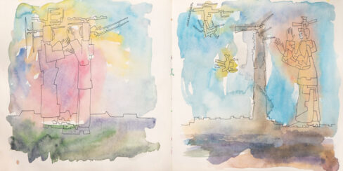 Traveling to the End, Watercolor Sketchbook, 2019, Seoul – Shanghai, Page 73-74